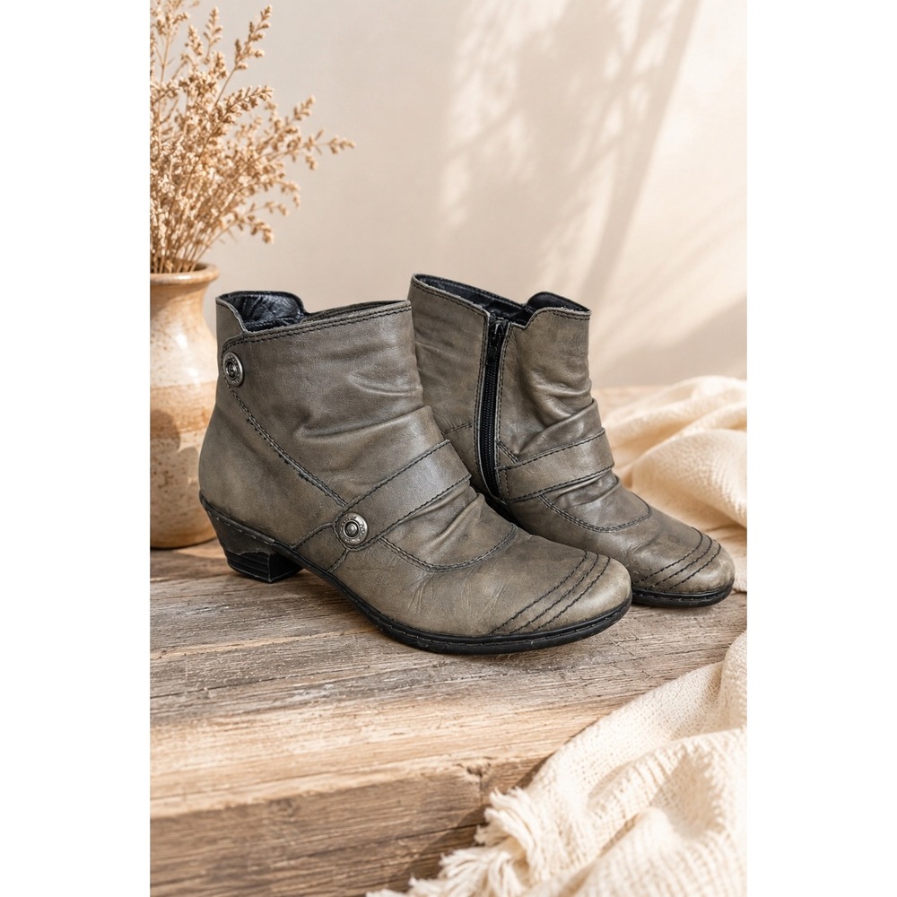 Rieker Gray Leather Ankle Booties Size 7.5 Side Zip Comfort Low Heel Tunisia